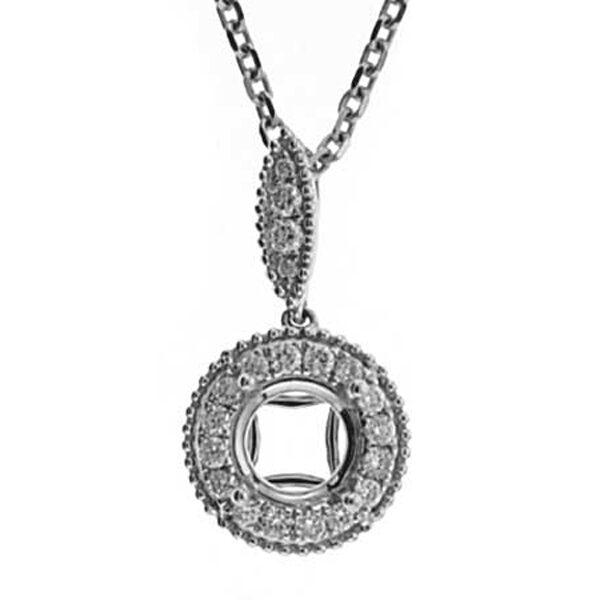 Dangling Round Halo Pendant with Diamonds Surrounded by Beaded Milgrain in 18k White Gold