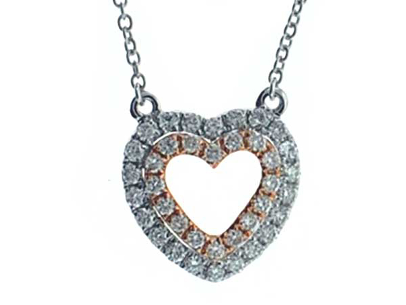 Two Tone Double Heart Diamond Necklace in 18kt White and Rose Gold Combo
