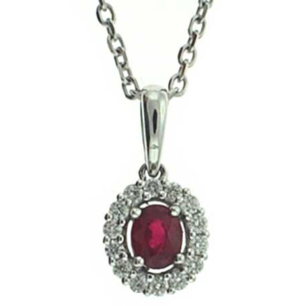 Oval Ruby with Diamond Halo Pendant in 18kt White Gold