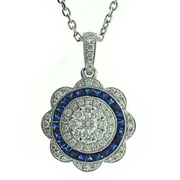Sunburst Flower Diamond and Sapphire Pendant in 18kt White Gold