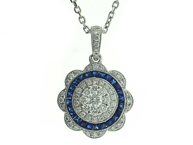 Sunburst Flower Diamond and Sapphire Pendant in 18kt White Gold