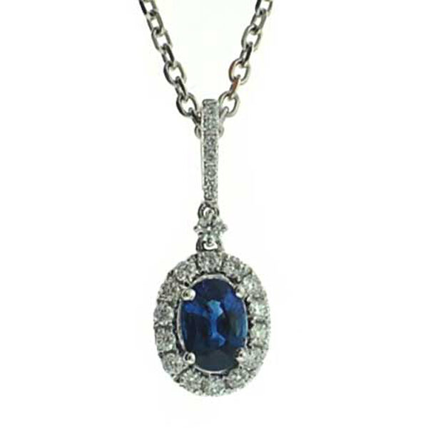 Diamond Oval Halo with Diamond Bail Center Oval Genuine Sapphire Pendant in 18kt White Gold