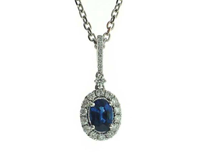 Diamond Oval Halo with Diamond Bail Center Oval Genuine Sapphire Pendant in 18kt White Gold