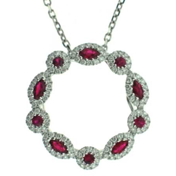Double Use, Circle of Life Pendant or Pin, Marquise and Round Rubies with Diamond Halos in 18kt White Gold