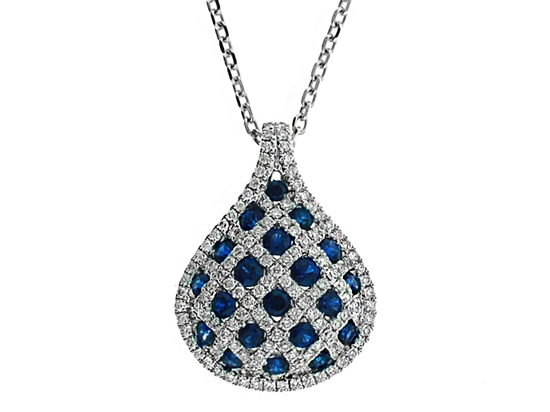 Drop Shaped Sapphire and Diamond Pendant in 18K White Gold