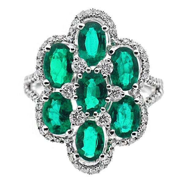 Split Shank Cocktail Ring with Diamonds and Oval Shaped Emeralds in 18k White Gold