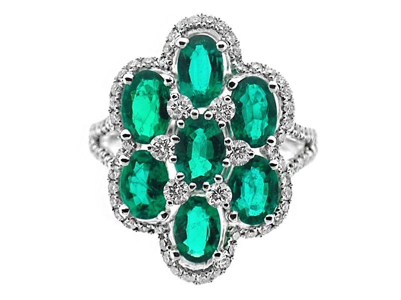 Split Shank Cocktail Ring with Diamonds and Oval Shaped Emeralds in 18k White Gold