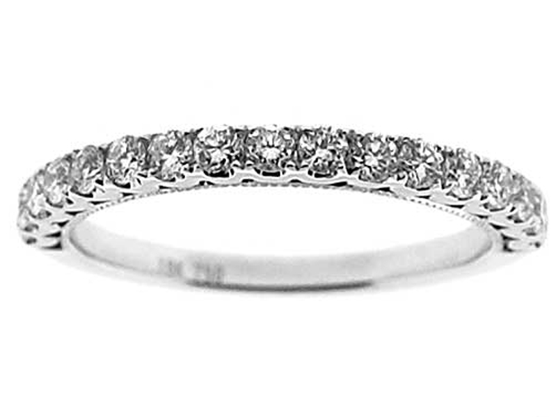 Single Row Prong Set Band with Beaded Milgrain and Round Diamonds in 18k White Gold
