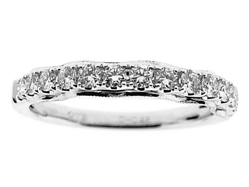 Single Row Band with Wavy Milgrain Design and Round Diamonds Set in 18k White Gold