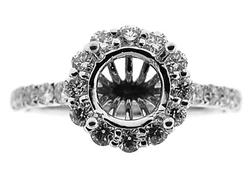 Round Halo Engagement Ring with Milgrain and Round Diamonds Set in 18k White Gold