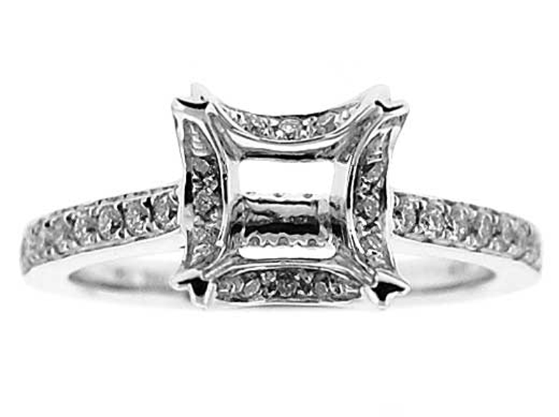 Four Prong Head with Diamonds, Single Row Shank,  Diamond Engagement Semi Mount White Gold Ring