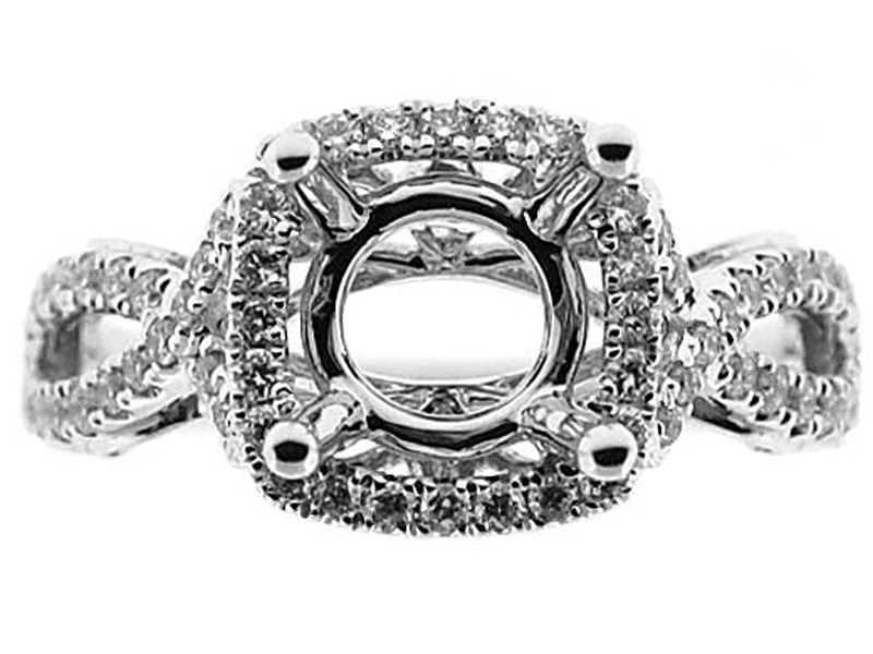 Square Halo, Split Bypass, Twist Shank  Diamond Engagement Semi Mount White Gold Ring