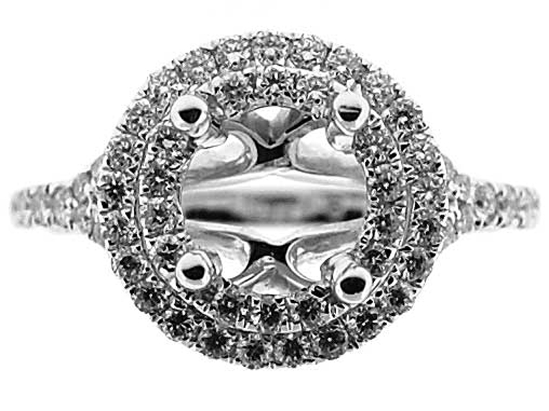 Double Halo, Split Raised Shank, Diamond Engagement Semi Mount White Gold Ring