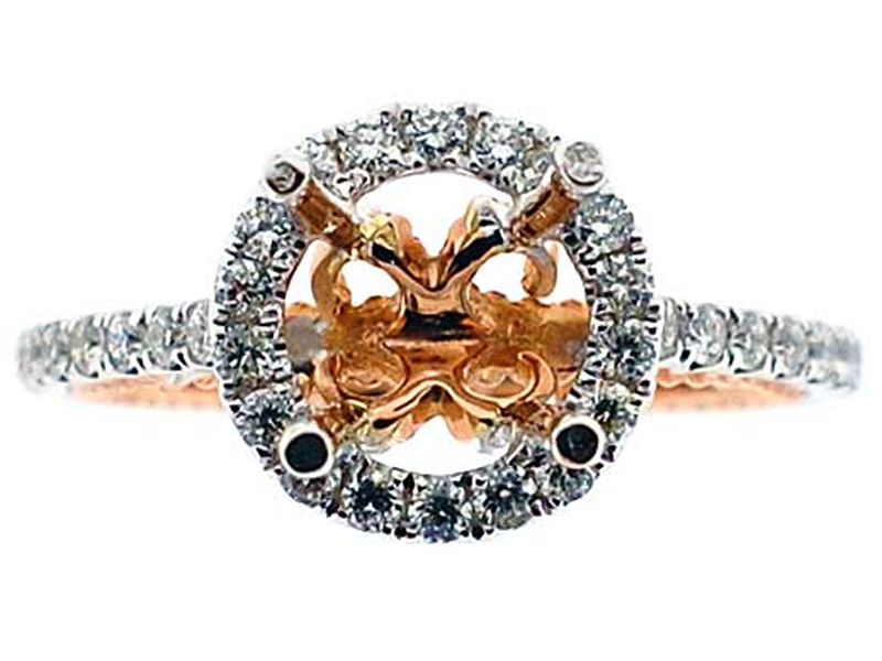 Halo Two Tone, White and Rose Gold  Diamond Engagement Semi Mount Ring