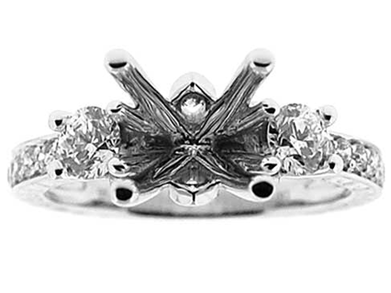 Three Stone Look, Diamond and Hand Engraved Shank,  Diamond Engagement Semi Mount White Gold Ring Setting