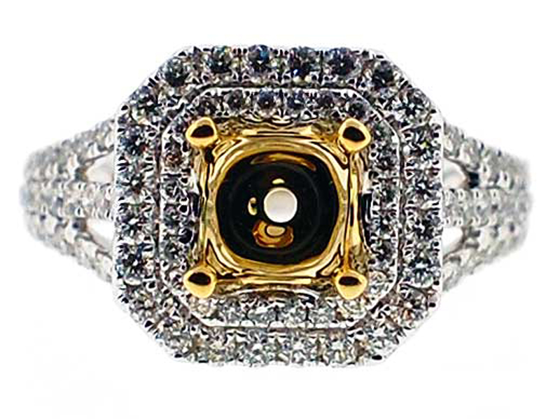 Octogon Double Halo for Yellow Diamond, 3 Way Split Shank Diamonds Engagement Ring Semi Mount