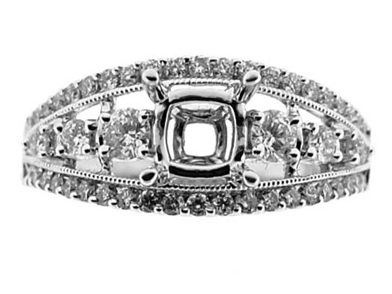 Split Shank with Center Row Diamonds, Diamond Engagement Semi Mount White Gold Ring Setting