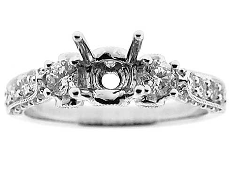 3 Stone Look, 3 Sided Diamond Shank, MIligrained Detail, Diamond Engagement Semi Mount White Gold Ring Setting