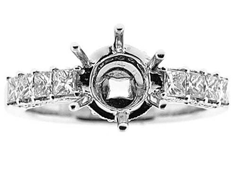 Prong Set Princess Diamonds, Side Profile Trimmed with Round Diamonds, Engagement Semi Mount White Gold Ring Setting