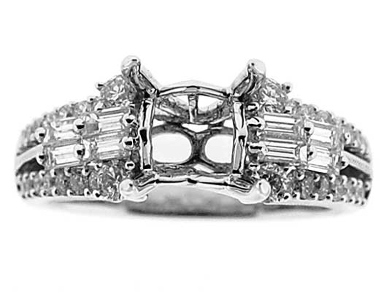 Round Diamonds Split Shank Enriched with Baguettes, Diamond Engagement Semi Mount White Gold Ring Setting