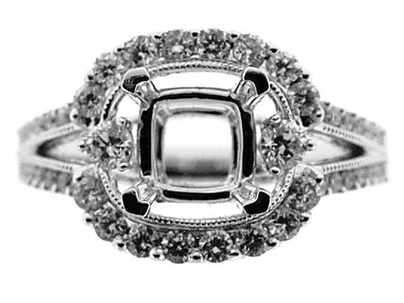 Split Shank continuous to square Halo, Miligrain, 3 stone Look, Diamond Engagement Semi Mount White Gold Ring Setting