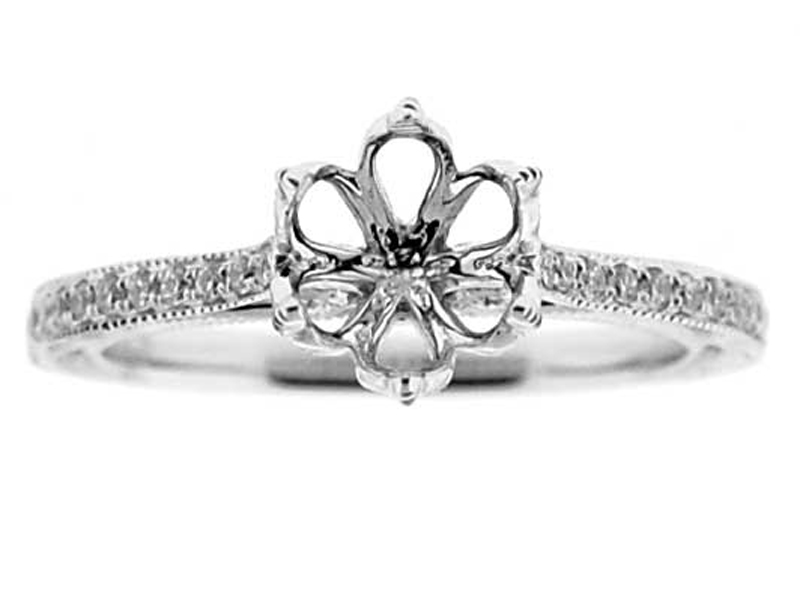 Thin, Preset Diamonds, Filigree Sides, Flower Shape Crown Head, Diamond Engagement Semi Mount White Gold Ring Setting