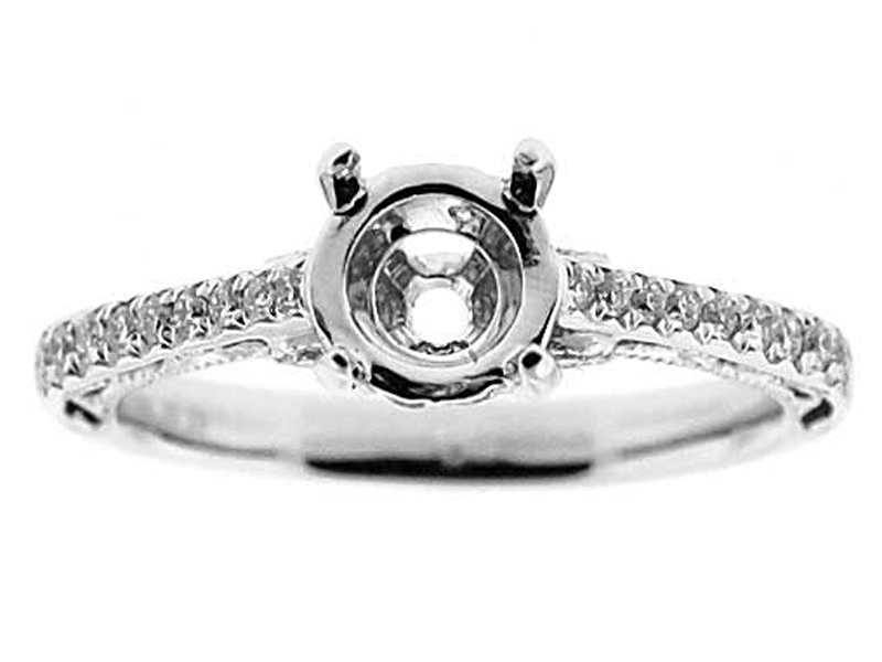 Single Row Preset Diamonds, Filigree Sides, Diamond Engagement Semi Mount White Gold Ring Setting