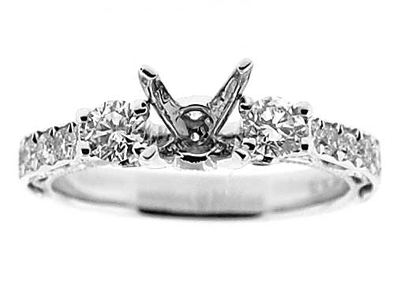 3 Stone Look, Diamonds on Shank, Filigree Side Profile, Diamond Engagement Semi Mount White Gold Ring Setting