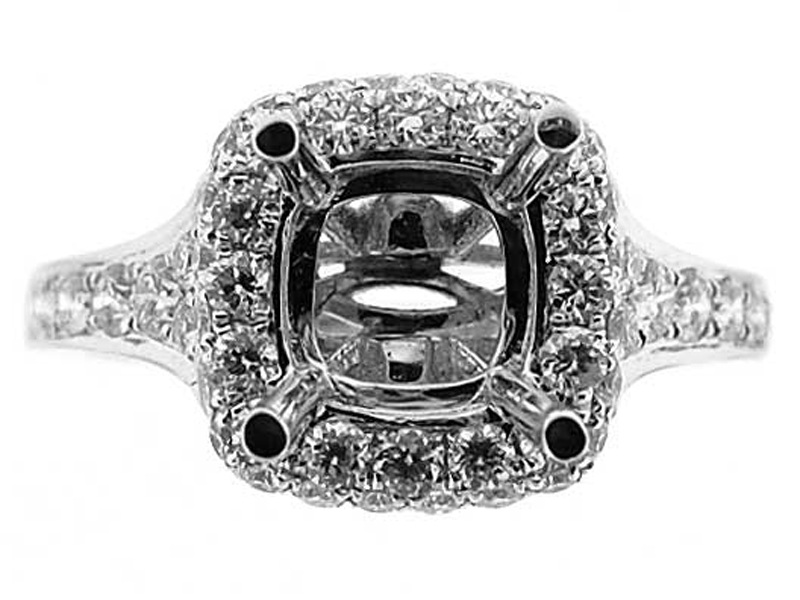 Square Halo, Single to Double Row Graduating Diamond Shank, Engagement Semi Mount White Gold Ring Setting