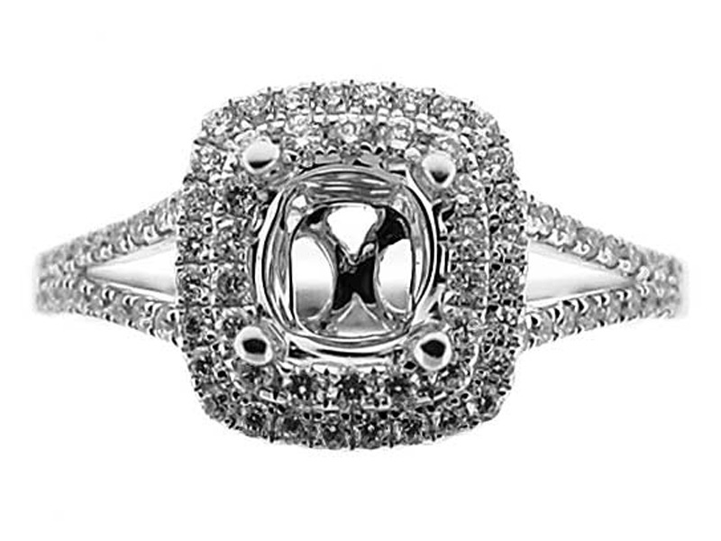 Double Square Halo Split Shank, Diamond Engagement Semi Mount White Gold Ring Setting