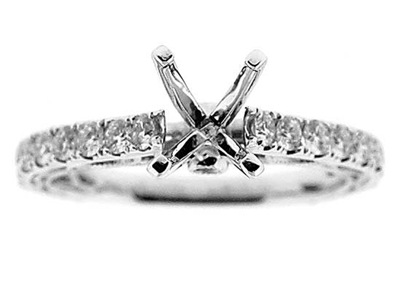 Single Row Diamonds with Filigree Side Profile, Engagement Semi Mount White Gold Ring Setting