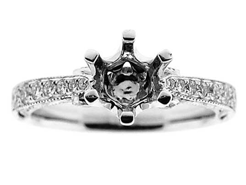 Single Row, Slight Graduation, 6 Prong Head, Filigree Side Profile, Diamond Engagement Semi Mount White Gold Ring Setting