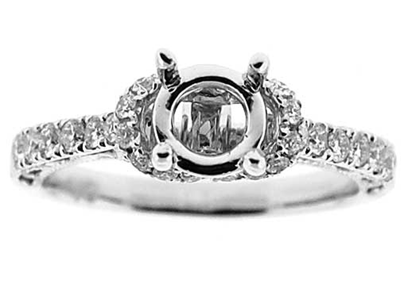 Single Row Adorned by half Halo Crown, Milligrained Filigree Side Profile, Diamond Engagement Semi Mount White Gold Ring Setting