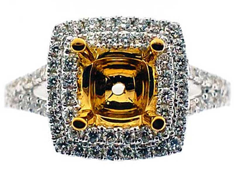 Double Square Halo for Fancy Yellow Diamond Center, Split Shank, Diamond Engagement Semi Mount White Gold Ring Setting