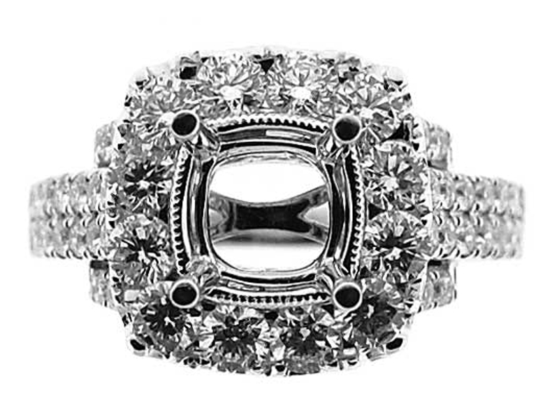 Square Halo,  Double to Quadruple Row shank, Diamond Engagement Semi Mount White Gold Ring Setting