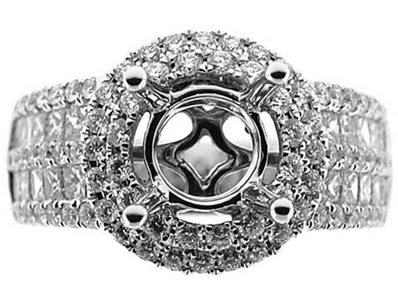 Double Halo Center, 5 Row Sides 1.53 TCW Diamonds Semi Mount Engagement Ring 18kt White Gold