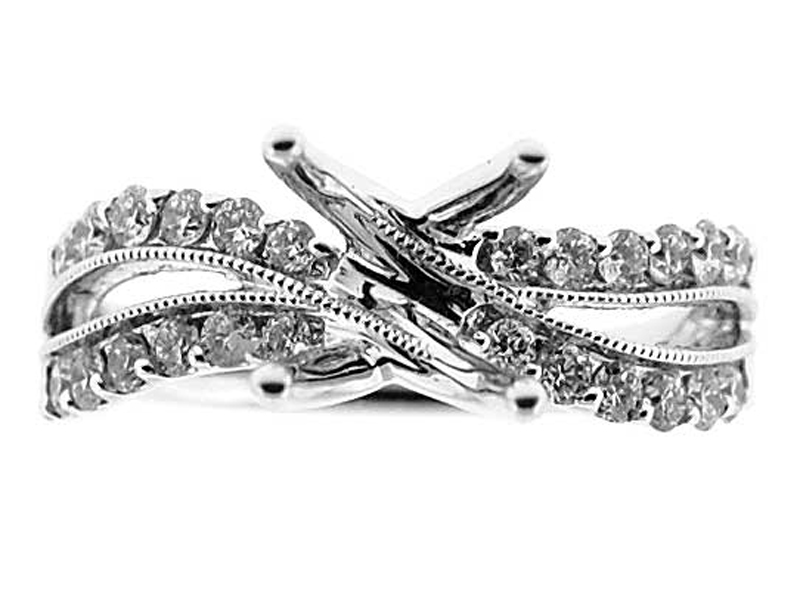 Semi-Mount Wavy Split Shank Engagement Ring with Prong Set Round Diamonds and Beaded Milgrain in 18k White Gold