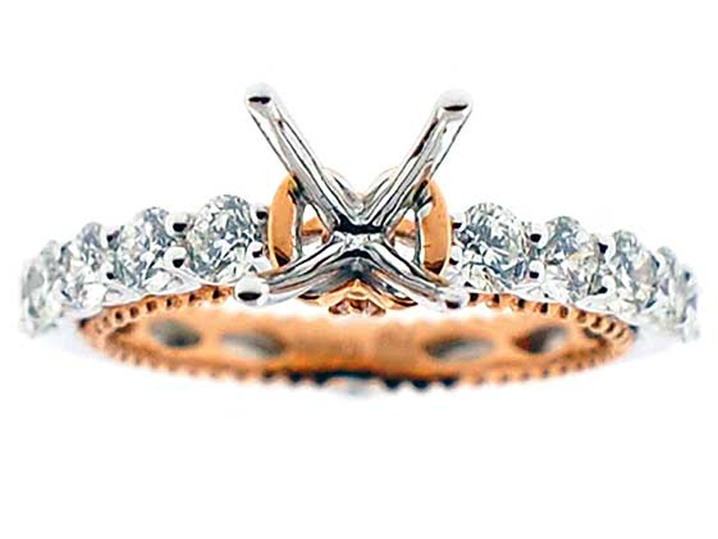 Semi-Mount Two Tone Engagement Ring with Prong Set Diamonds in 18k White Gold and Beaded Milgrain in 18k Rose Gold