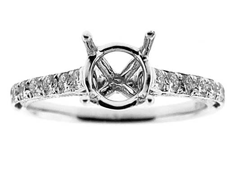 Semi-Mount Milgrain Decorated Engagement Ring with Prong and Bezel Set Diamonds in 18k White Gold