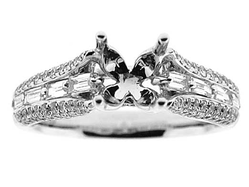 Center Baguettes, Pave Set Borders Diamond Semi Mount Engagement Ring Setting