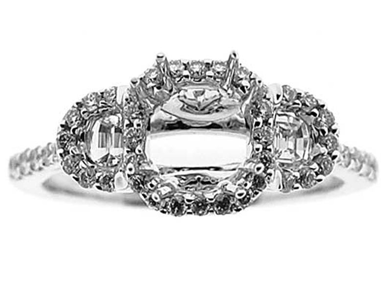3 Stone Halo, Half Moon, Thin Shank, Embellished Crown, Diamond Semi Mount Engagement Ring Setting