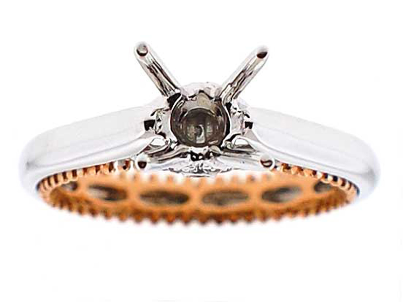 Rose and White Gold Solitaire Semi Mount Engagement Ring with Side Beading and Diamond Details