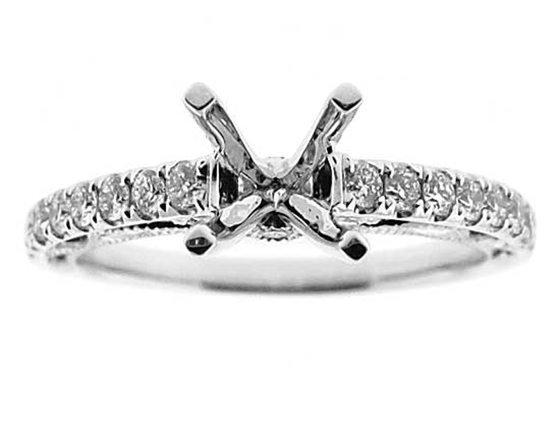 Single Row Micro Prong Set, Scroll Design Side Profile with Bezel Set Diamond Semi Mount Engagement Ring Setting