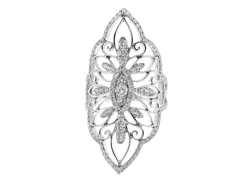 Vintage Inspired Statement Ring with Dainty Filigree Design Between Diamonds Set in 18K White Gold