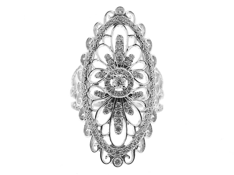 Vintage Inspired Marquise Shaped Statement Ring with Filigree Design and Diamonds Set in 18K White Gold