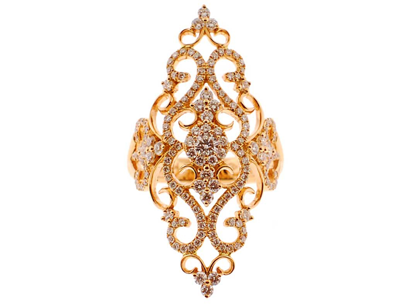Marquise Shaped Antique Style Ring with Diamonds and Solid 18K Yellow Gold Following a Delicate Filigree Design