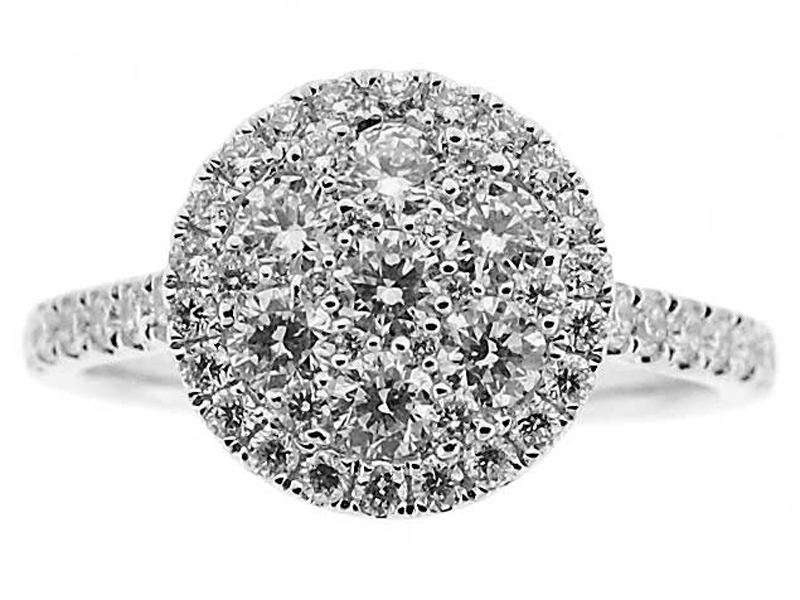 Right Hand Fashion Ring with a Round Cluster of Diamonds Surrounded by a Diamond Halo in 18K White Gold