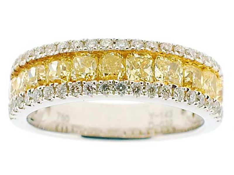Triple Row Band with Cushion Cut Fancy Yellow Diamonds Bordered by Round White Diamonds Set in 18k White Gold
