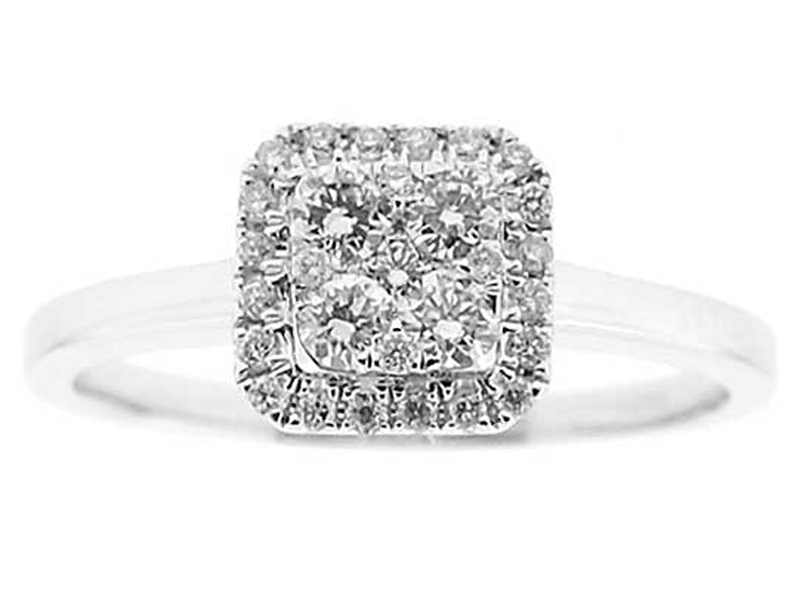Square Right Hand Fashion Ring with Cluster of Diamonds and a Diamond Halo Set in 18K White Gold