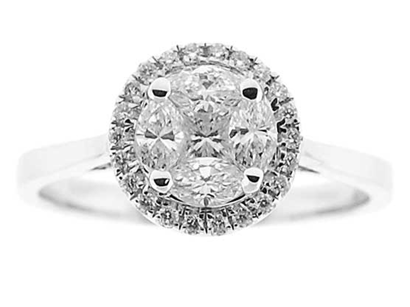 Halo Style Right Hand Fashion Ring with Cluster of Marquise, Princess Cut, and Round Diamonds Set in 18K White Gold